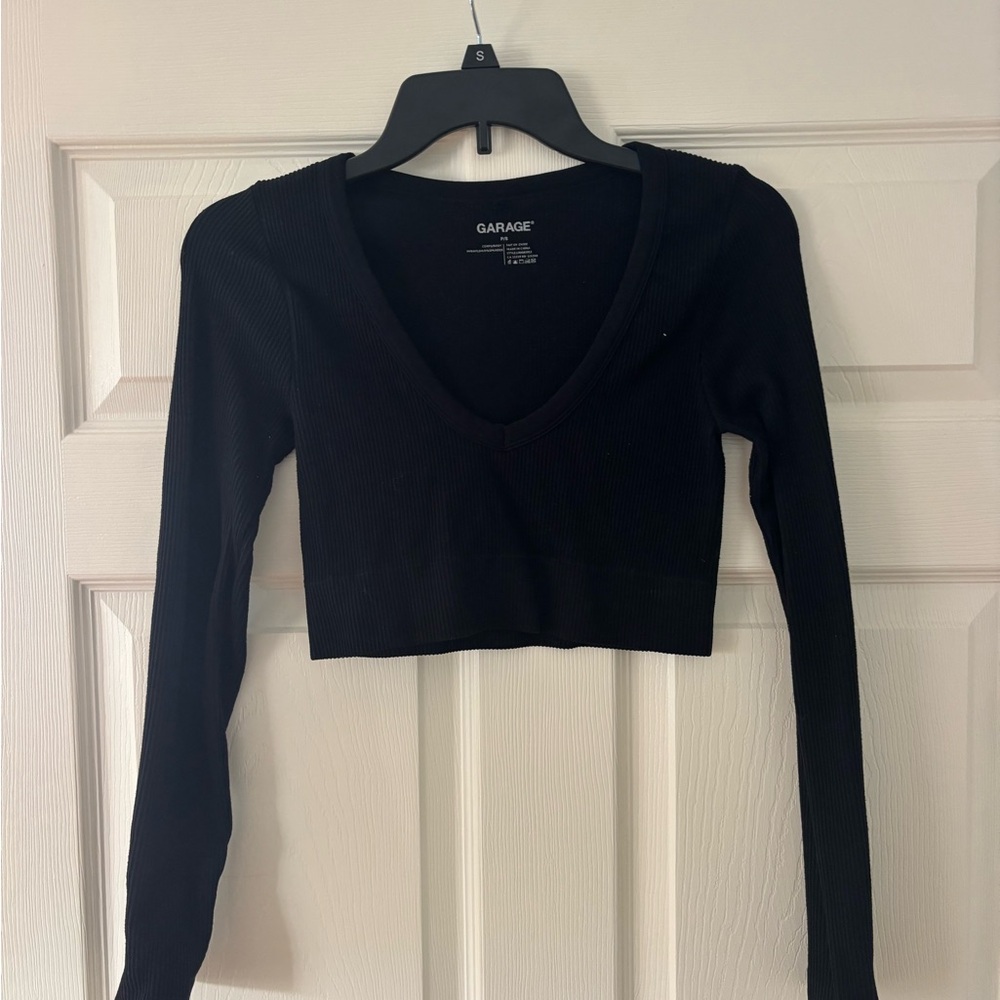 Garage Black Long Sleeve Scoop Neck Crop Top